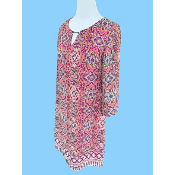 TACERA LADIES KEYHOLE FRONT ABSTRACT PAISLEY QUARTER SLEEVE LINED DRESS EUC M - Picture 5 of 8